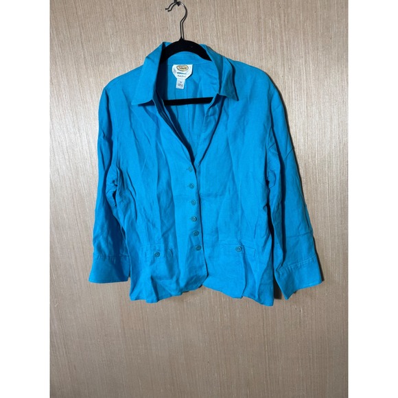 Talbots Irish Linen Button Down Shirt Womens Size 14 Blue Career Casual - Picture 1 of 5